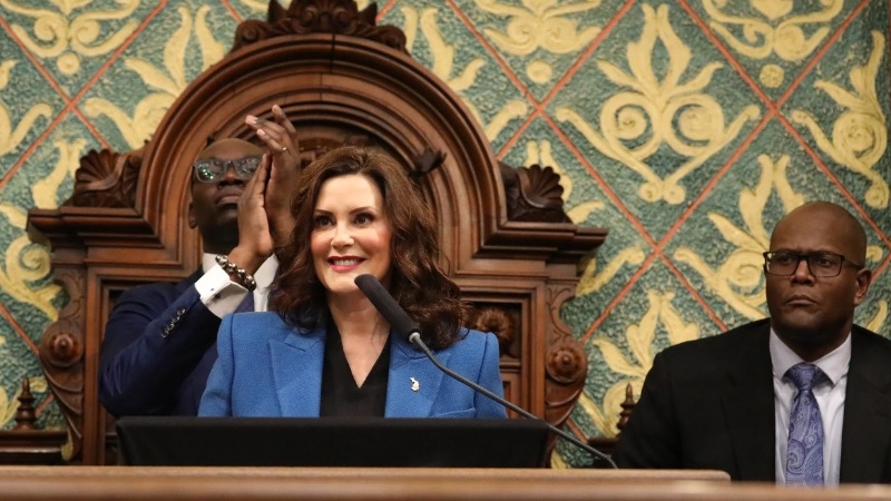 Governor Gretchen Whitmer standing at podium.