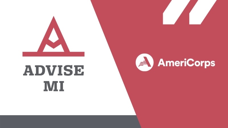 AdviseMI logo over white background next to AmeriCorps logo and MCAN logo over a red background