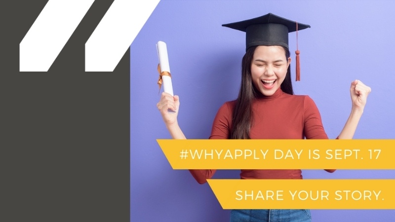 Graduate in front of a purple background, celebrating and holding her diploma; MCAN logo in white in the top left corner